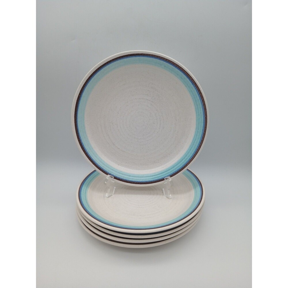 5 Vtg Franciscan Malibu Salad Luncheon Lunch Plates  Blue Brown Rings Stoneware